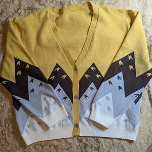 Men's Size 5XL Geometric Yellow Brown White Button Front Long Sleeve Cardigan